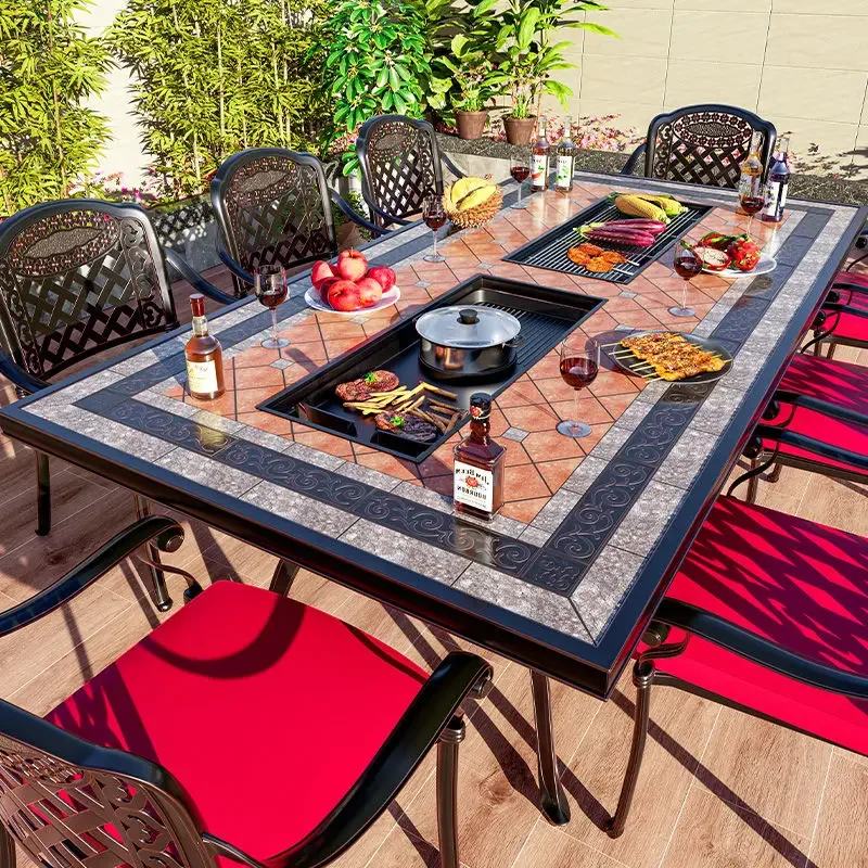 Outdoor cast aluminum barbecue dining table, leisure home electric baking table and chairs