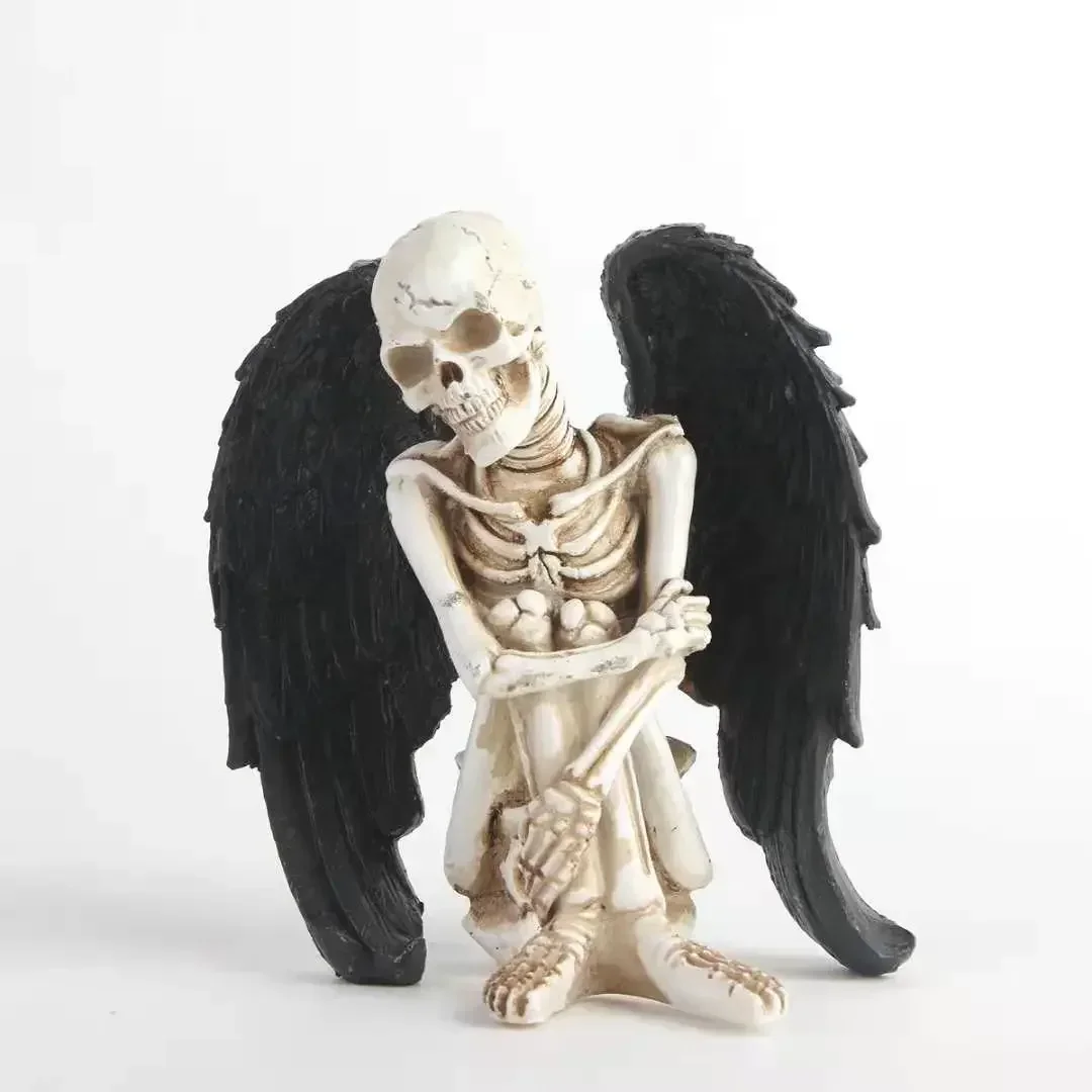 Resin Skeletons Statue Skull Collectible Figurine with Black Angle Wings Resin Figures Decoration for Home Shelves Porch Yard