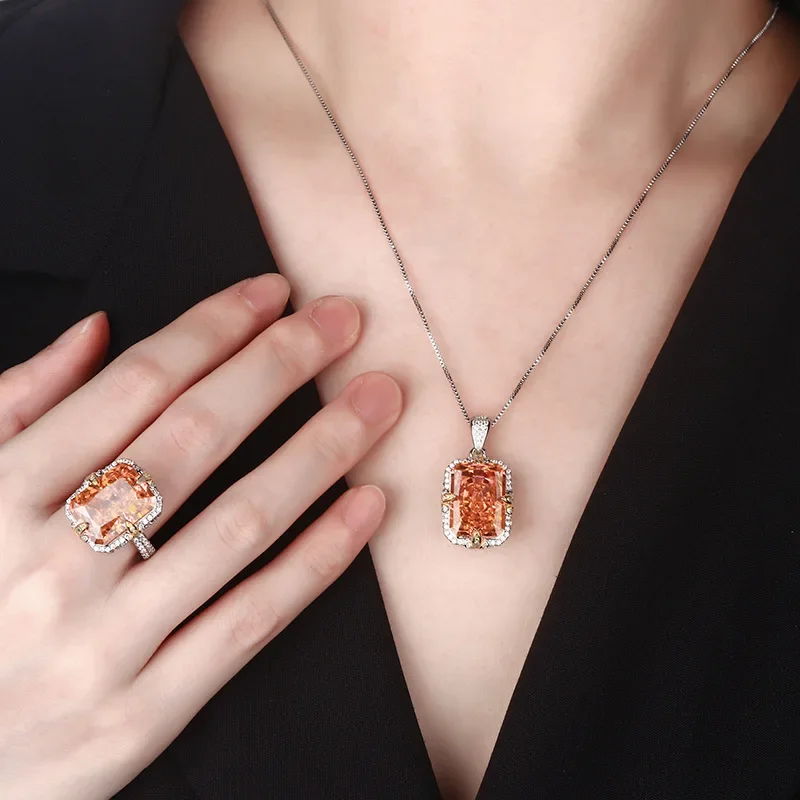 

Elegant Adjustable Yellow High Carbon Diamond Cushion Cut Crystal Pendant Necklace Ring for Women Luxury Gemstone Jewelry Gift