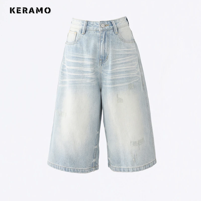 Damen lässig Retro weites Bein Baggy Denim Shorts Harajuku solide hohe Taille lose Jeans 2000 Sommer 1920er Jahre hellblaue Shorts