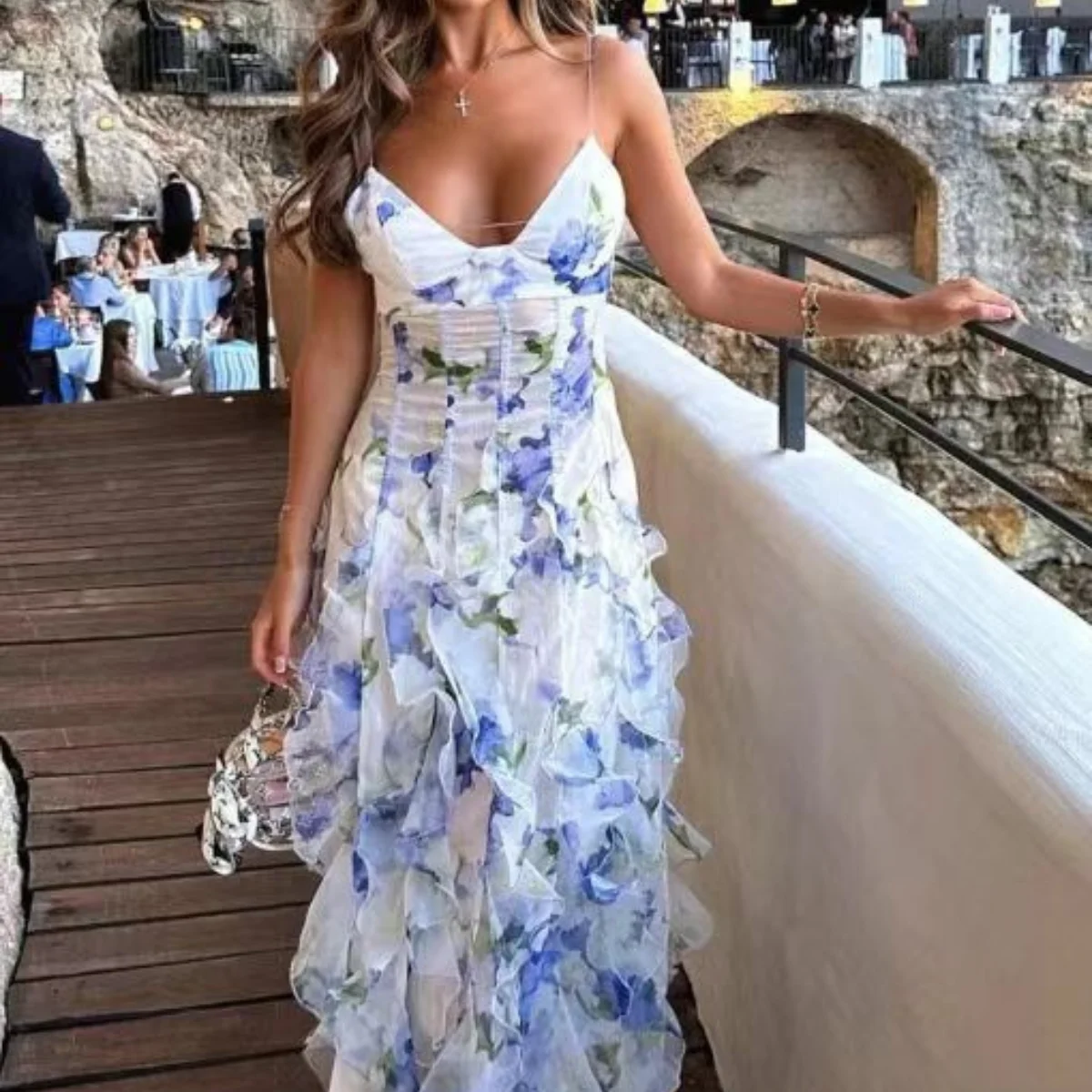 Vestido de verão estampado respirável sem costas vestidos longos femininos alças espaguete vestido de festa moda praia roupas de moda