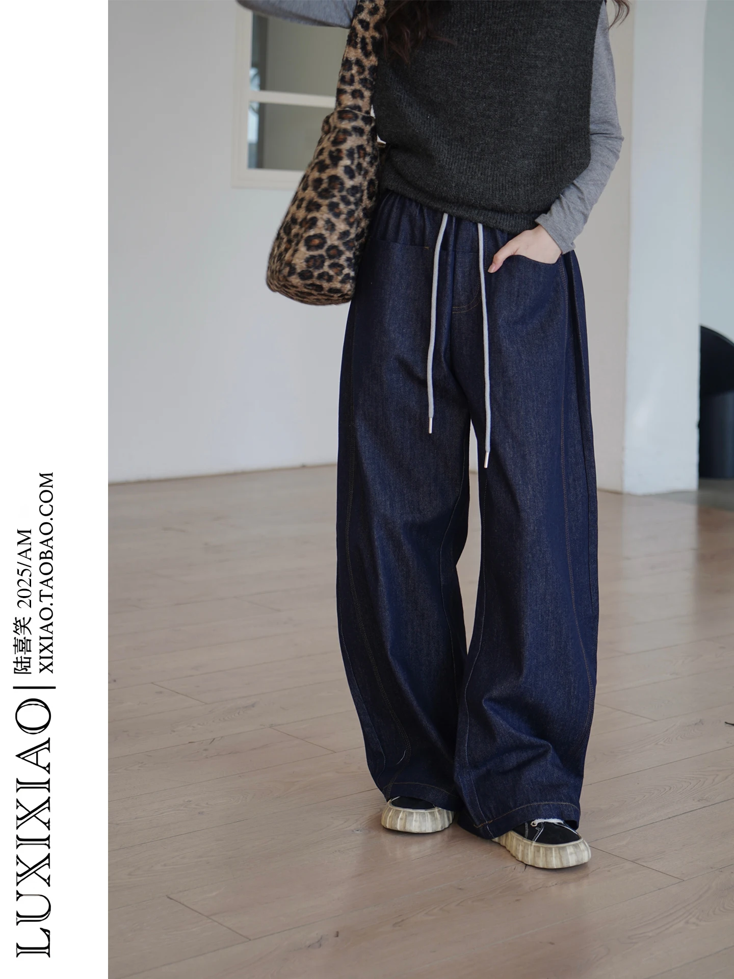 

Женские джинсы с высокой талией и широкими штанинами, свободного кроя, с двойными карманами, в стиле ретро, повседневные брюки от Luxixiao, темно-синий цвет