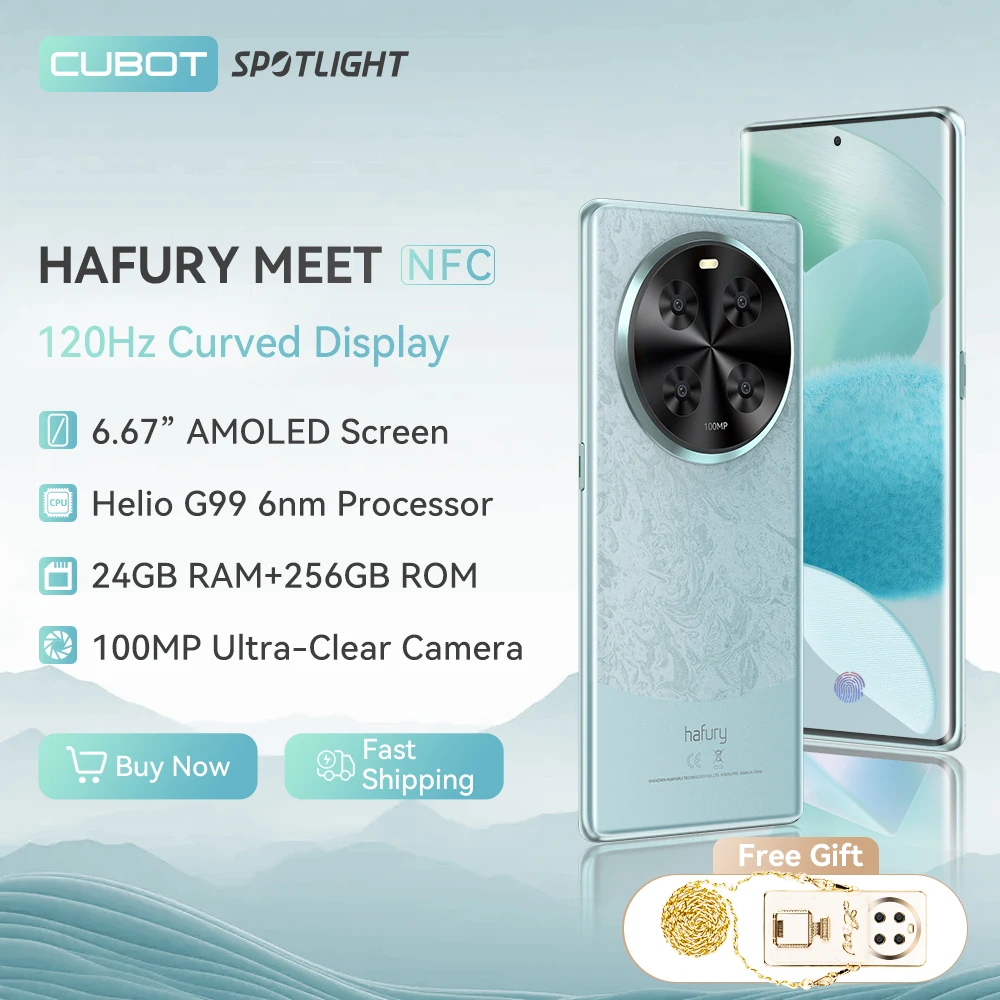 Cubot Hafury Meet, 스마트폰 안드로이드, 6.67인치 120Hz AMOLED 곡면 스크린, 24GB RAM(12GB+12GB 확장), 256GB ROM, Helio G99, 옥타코어 프로세서, 100MP 카메라, NFC, 듀얼 SIM 듀얼 4G, 글로벌 버전, 선물 여성, 아름다운 휴대폰，smartphone, 초광각 16MP 리어 카메라