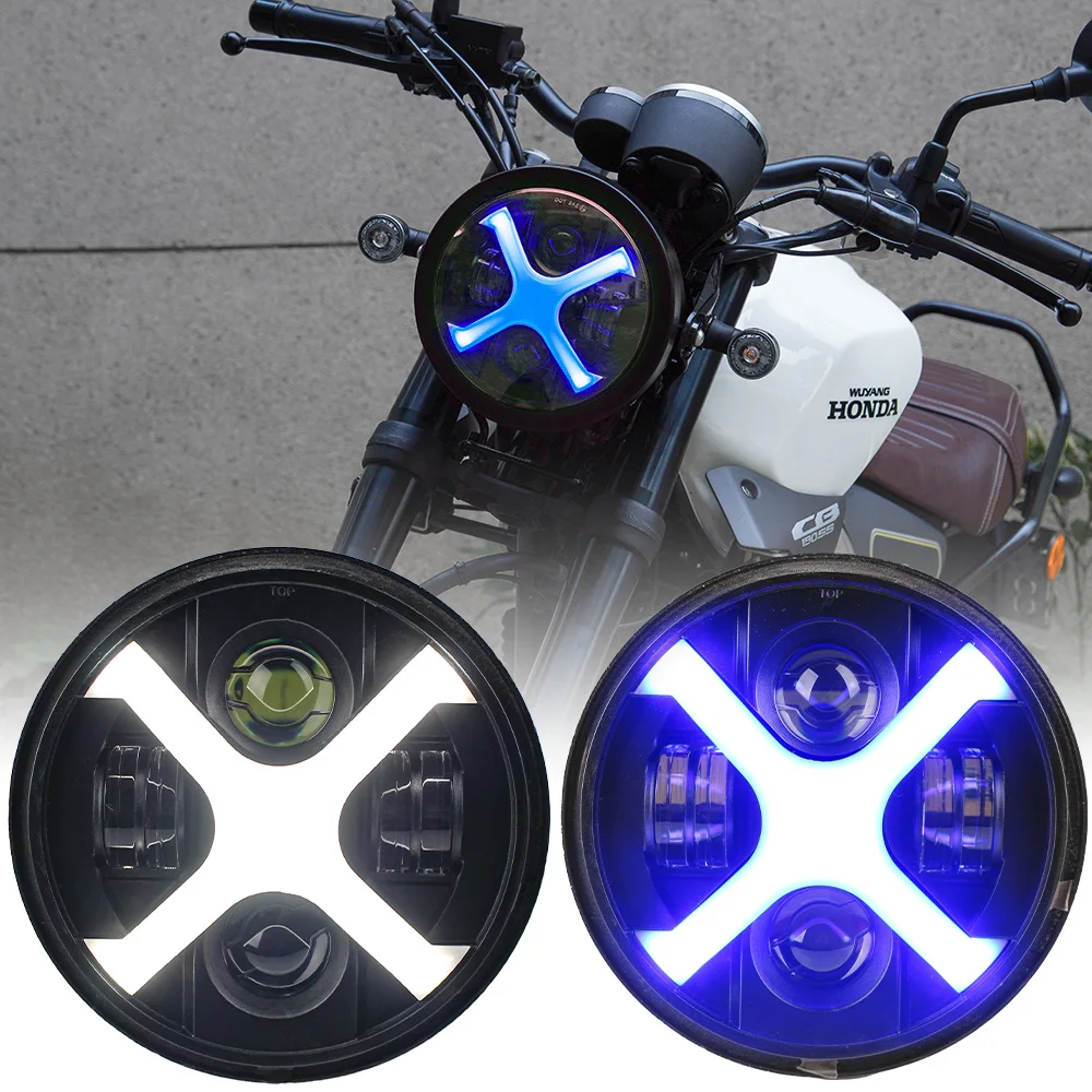 

7 Inch Round X-Type LED Motorcycle Headlight, White/Blue DRL + Blue Turn Signal, IP67 Waterproof, Compatible with Harley & Custo