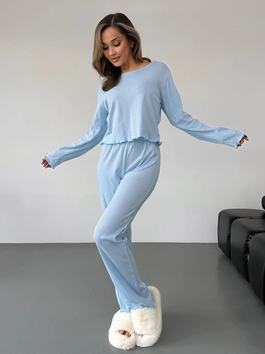 Marthaqiqi Casual Women'S Sleepwear Set Crop Top Pajamas Long Sleeve Nightie O-Neck Nightgowns Pants Loose Ladies Nightwear Suit