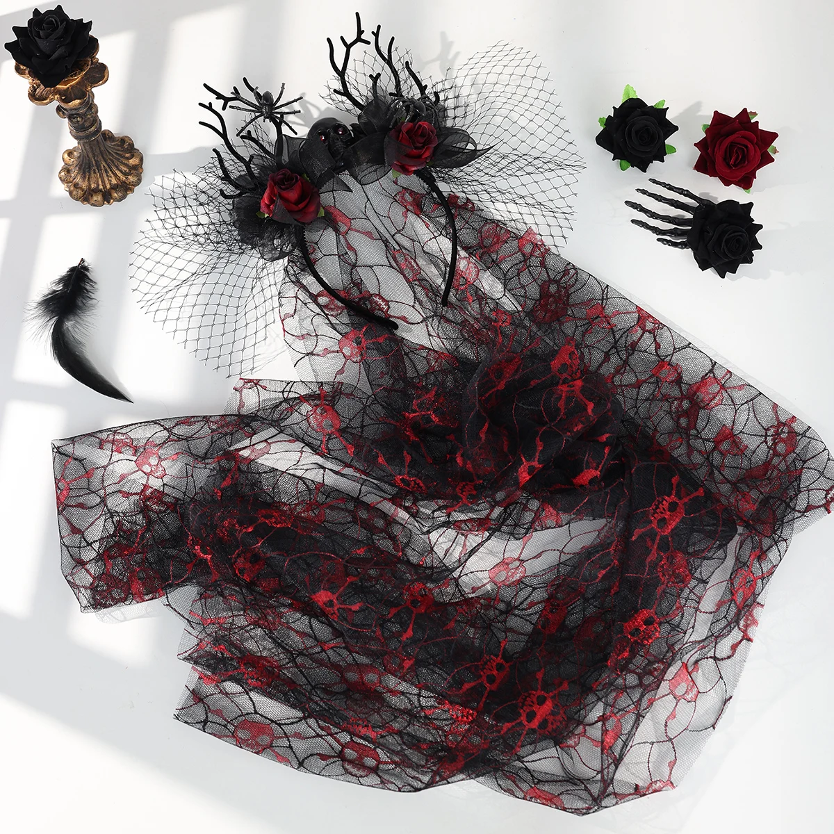 Damen Gothic Geweih-Schädel-Schleier-Stirnband, Schwarzes Spitzen-Rosen-Blumen-Kopfband für Halloween, Vampir-Cosplay, Dunkle Party-Kostüm-Accessoire – Detail 9