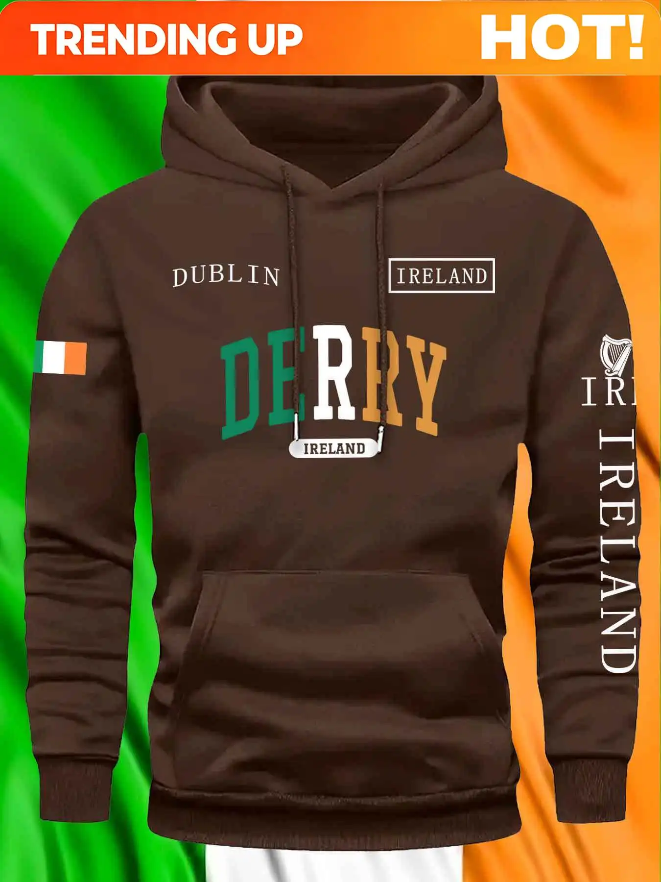 Customization Dublin Derry Ireland Flag Print Hoodie - Cozy Brown Pullover With Pockets, 