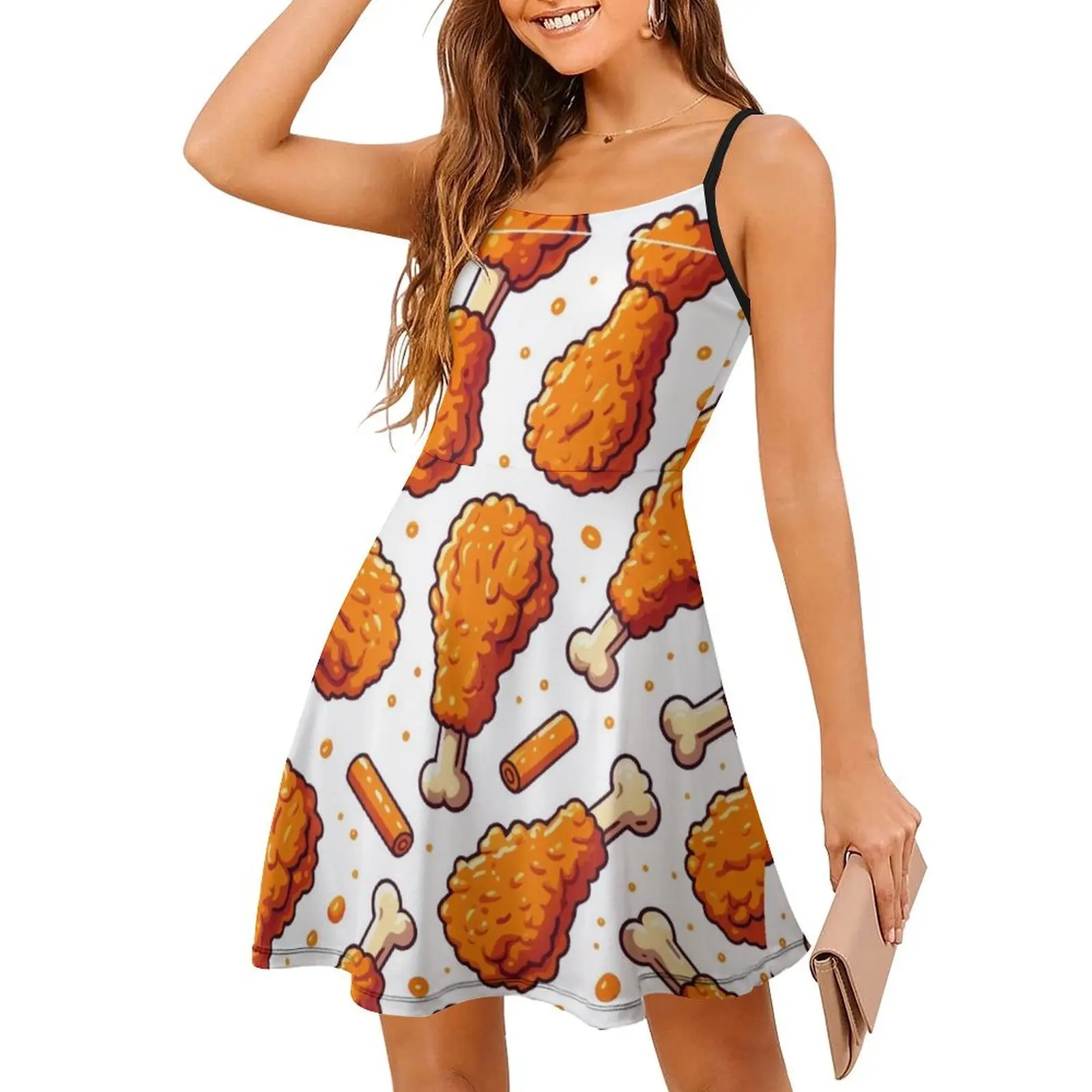 فستان قصير على شكل دجاجة مقلية مقرمشة على طراز بريبي للنساء على شكل حرف a فضفاض مناسب فستان يوم غير رسمي دجاج مقلي مقرمش