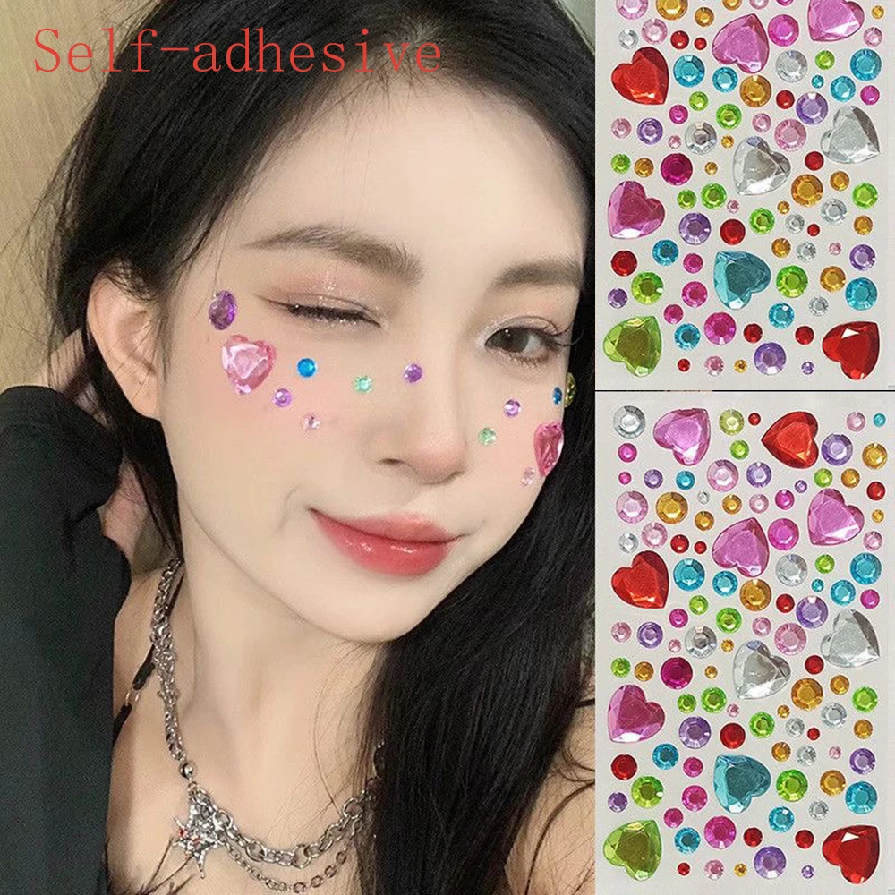 3D Big Bling Face Rhinestone Stickers Love Heart Star Floral Acrylic Gems Self Adhesive Face Body Jewels for Festival, Halloween