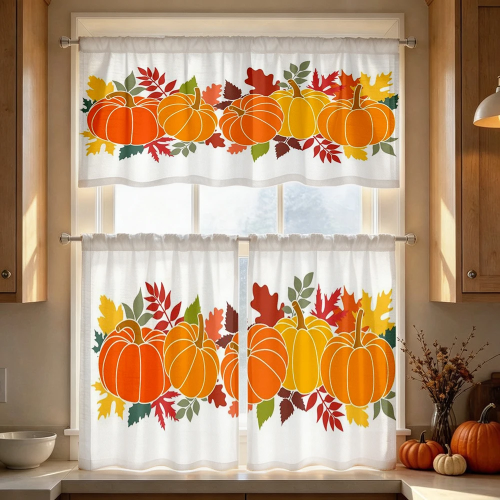 Thanksgiving Fall Kitchen Curtains, Colorful Pumpkin, Digital Print, Kitchen Dining Room, Rod Pocket Polyester, Home Decor