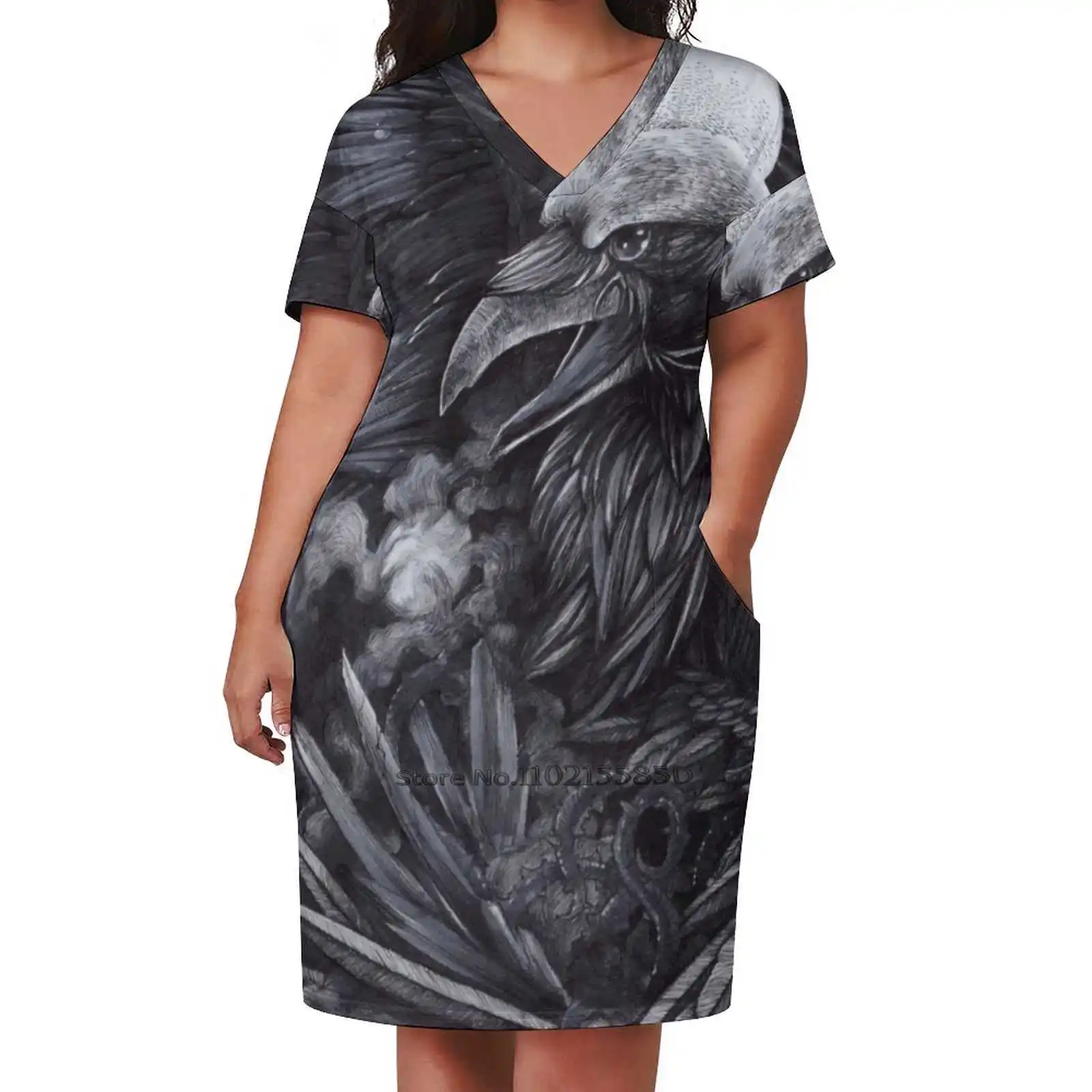 Birth Of The Star Loose Pocket Dress Print Short Sleeve Dresses V-Neck Dress 5Xl Traditional Fantasy Raven Star Copic Derwent