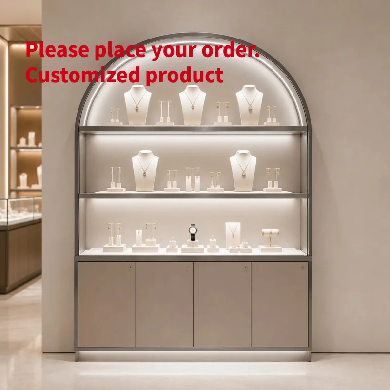 custom.Arched Jewelry Display Cabinet WallMounted Showcase with Led Light Multi-tier Shelves Storage Cupboard Boutique Retail Fu