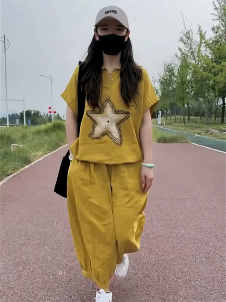 

2025 Summer New Printed Short Sleeve T Shirt Women's Set Fashionable Casual Loose Slim and Wide Leg Pants Two Piece Set Trendy