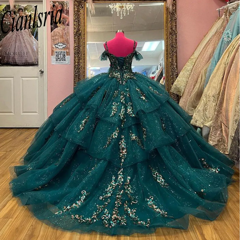 Emerald Green Quinceanera Dresses for Sweet 15 Year Sexy Off the Shoulder Puffy Ball Gown Lace Appliques Princess Gowns