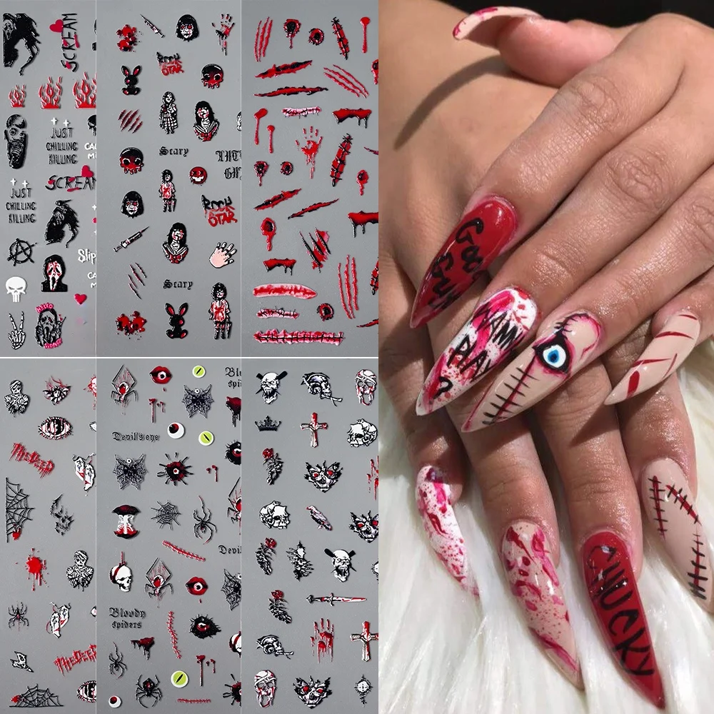 1Pcs Halloween Series 5D Nail Art Stickers Skeleton/Spider/Red Blood Ghost/Skull Pumpkin Head Self-Adhesive Nails Decal Supplies