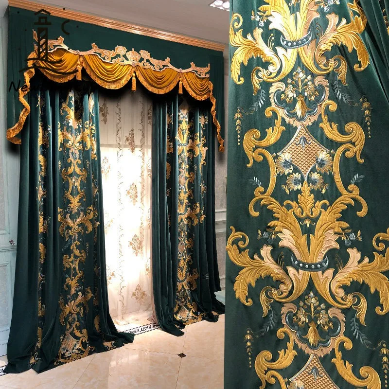 European French Luxury Embroidered Velvet Curtains for Living Dining Room Bedroom High Ceiling Villa Custom Size Elegant Drapes