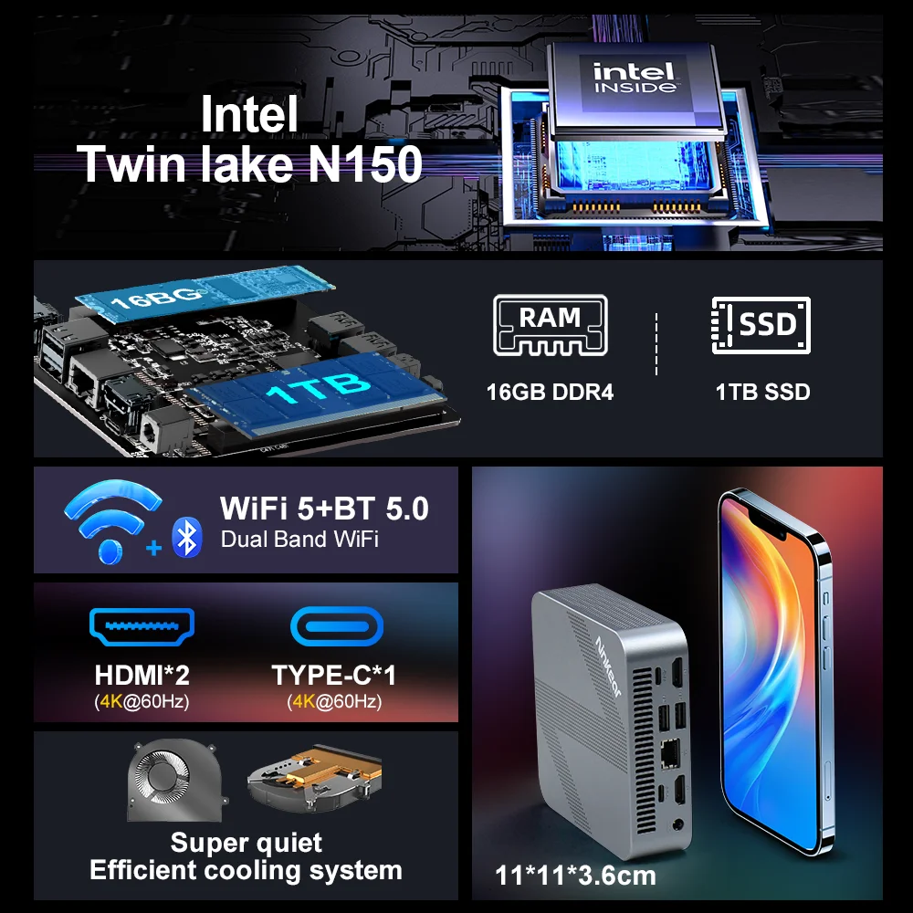 معالج Ninkear N10 Pro Mini PC Intel Twin Lake N150 LPDDR4 16GB RAM 1TB ROM Windows 11 Pro WiFi 5 BT5.0 كمبيوتر مكتبي