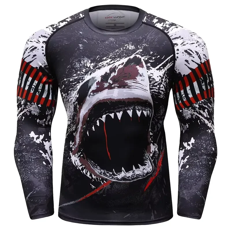 3D Print Casual Long Sleeve Men's Compression Shirt Shark Pattern Breathable Quick Dry Fitness Training Gym Sports 2026