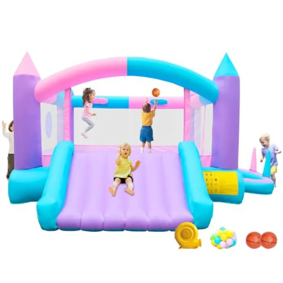 

Inflatable Bounce House with Slide and Ball Pit for 4 160 x 135 x 70 inches Dual Basketball Hoops PVC Material Blue and Yellow