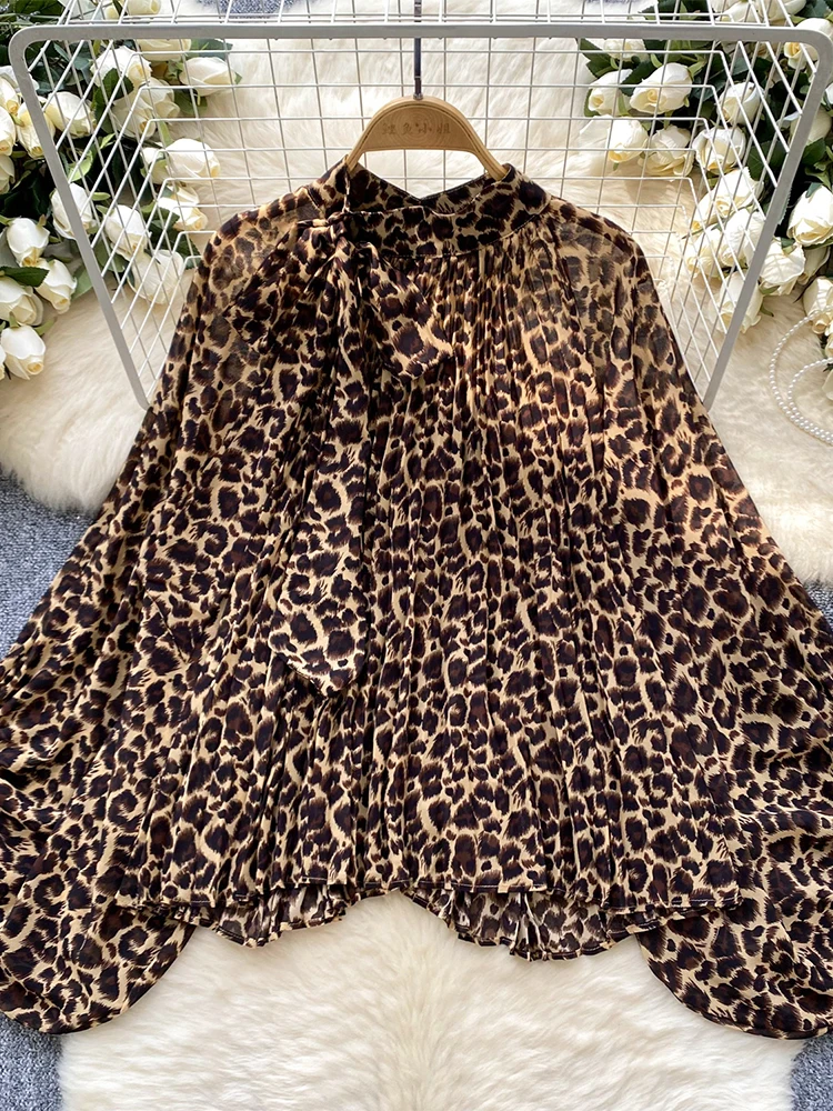 Women's Brown Leopard Shirts and Blouses Y2k Vintage Korean Harajuku 2000s Elegant Long Sleeve Shirt Trashy Clothes Autumn 2024