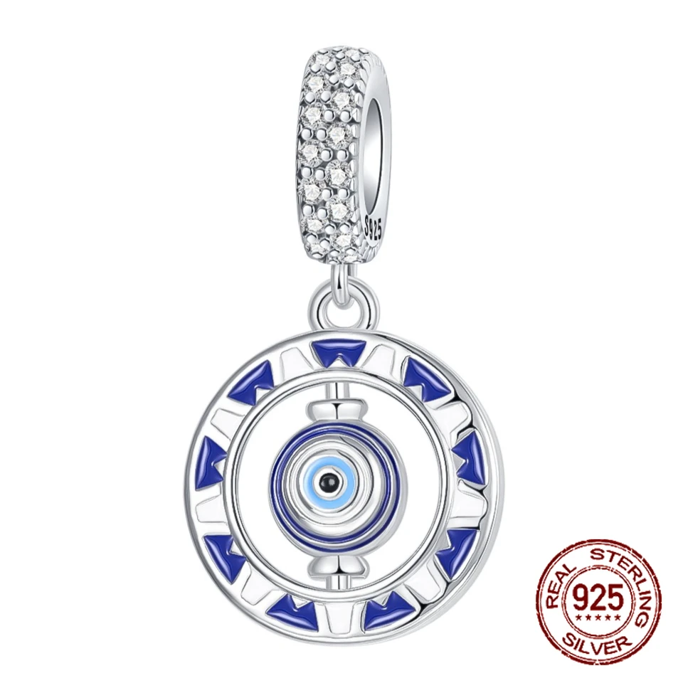 

925 Sterling Silver Devil's Eye Blue Round Rotatable Pendant Charm Fit Original Charms Bracelets Women DIY Jewelry Gift