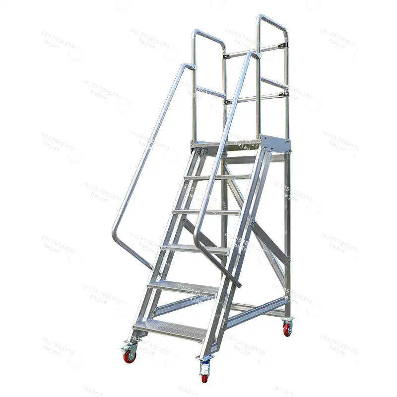 Aluminum Mobile Platform Steps Ladder Handrails Four-Wheel Wheels Customizable Warehouse Safety Rolling Mobile Platform OEM