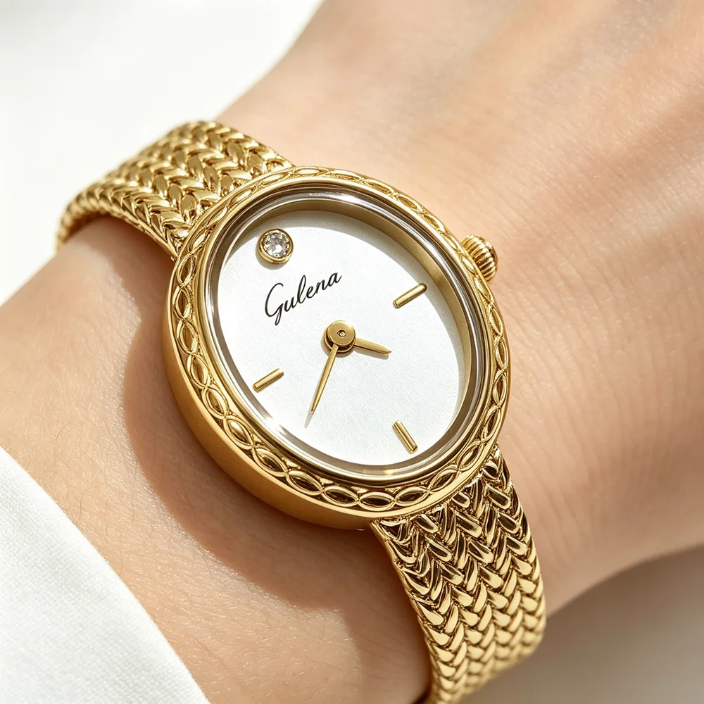 Oval Ladies Quartz Watch Vintage Crystal Dial Braided Metal Bracelet Elegant Women Wristwatch Gold Silver