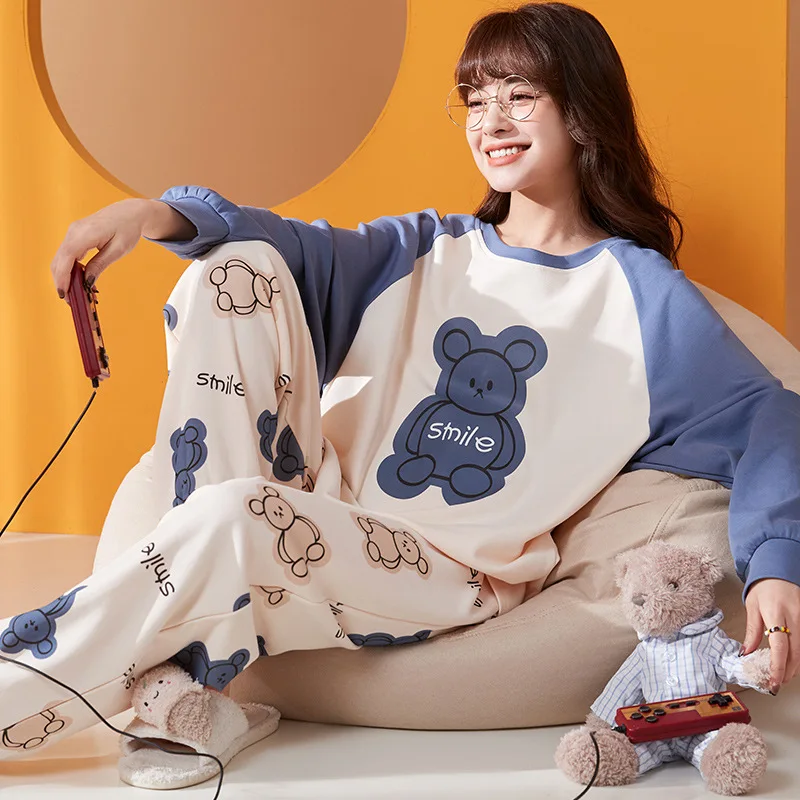 

Pajamas with Chest Pad Women's Autumn Winter Long Sleeves Sweet Cartoon Bear Homewear Large Size Student Sleepwear Round Neck
