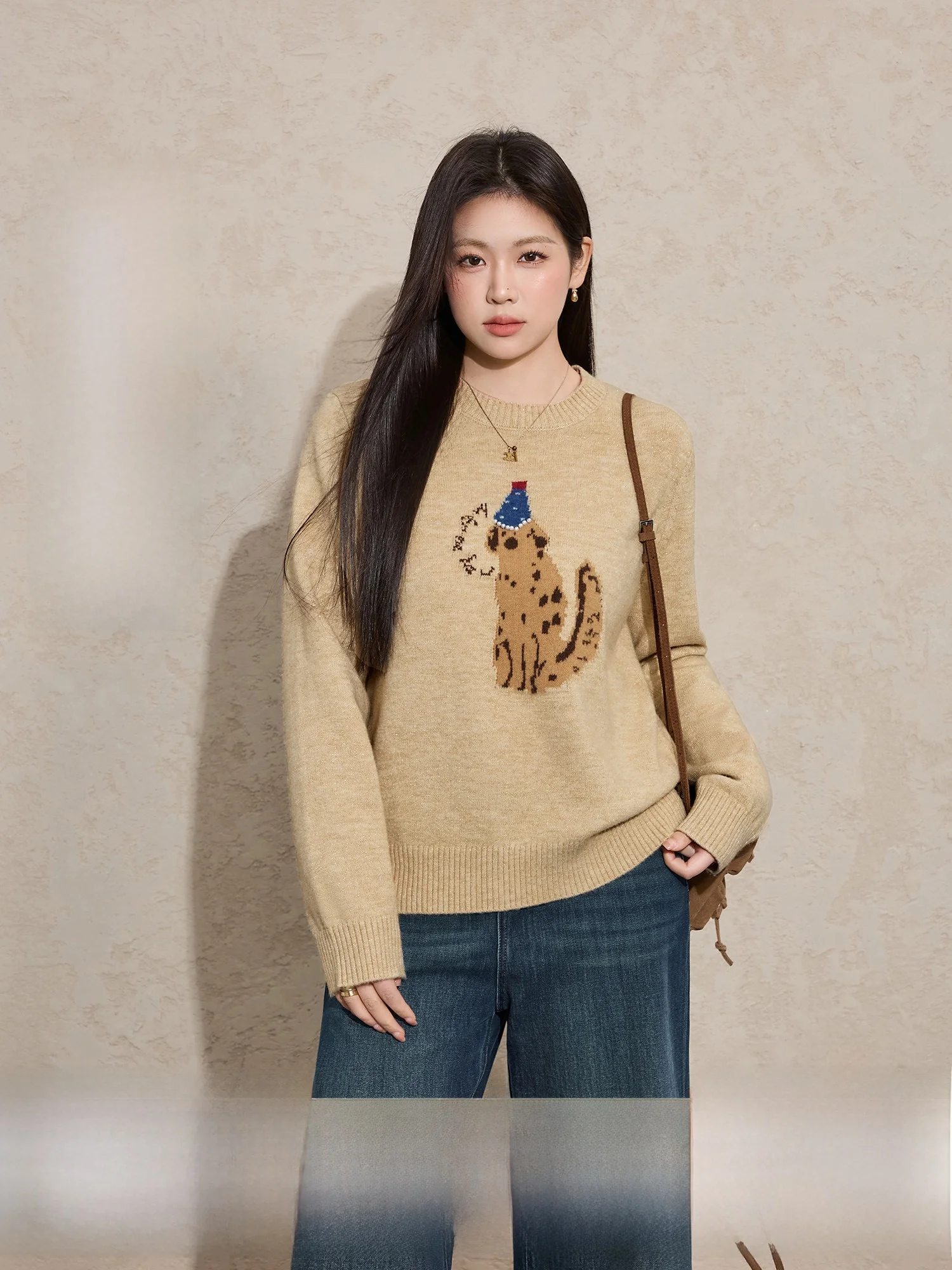 

Blue Language Large Size Knitted Sweater Women's round Ne Inner Wear Fce Dog Pattern Spring New Loose Fit Long Sve