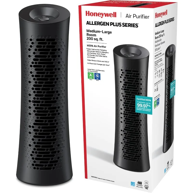

Очиститель воздуха Honeywell HEPA Tower, редуктор аллергенов для средних/больших помещений (200 кв. футов), черный — HPA030