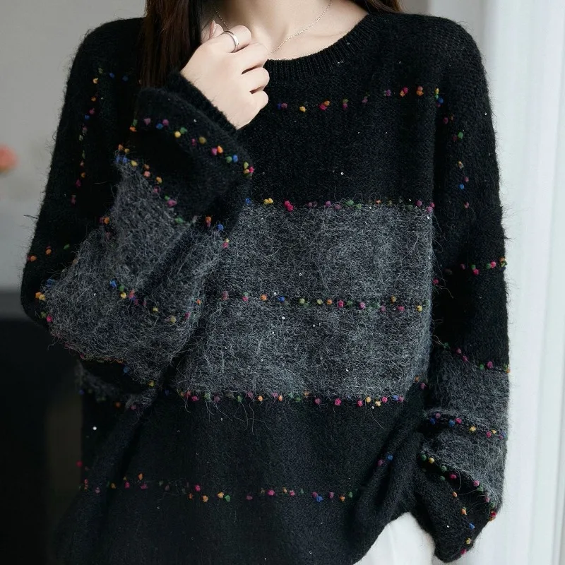 

Women's New Spliced pullover Round Neck Fashionable Loose and Versatile Casual Long-sleeved Knitted Sweater