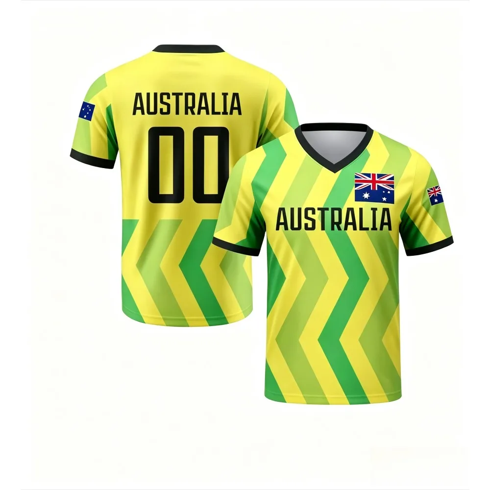Green Yellow Chevron Australia Flag Print Men V Neck T Shirt Sport Daily Casual Tee