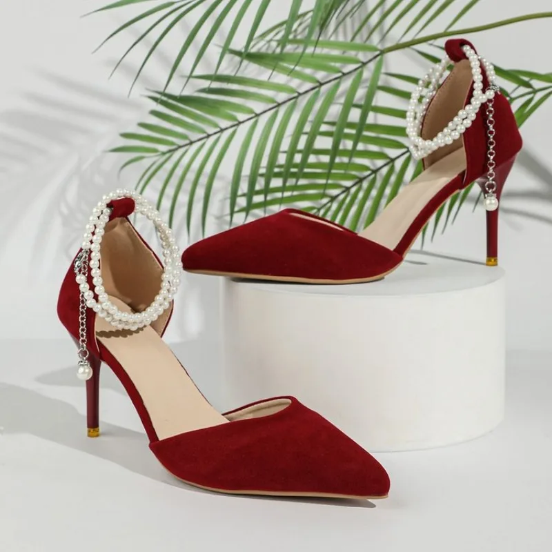 Neue Damen-Pumps mit Dünnem Absatz, Ausgehöhlte Sandalen mit Perlen, Spitze High Heels, Luxuriöse Elegante Hochzeitsschuhe, Brautsandalen