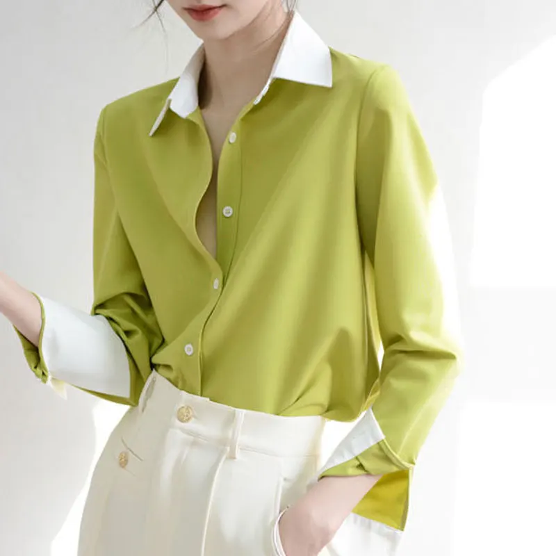 Stylish Solid Color Patchwork Shirt Spring Autumn Korean Loose Female Clothing Commute Polo-Neck Casual Single-breasted Blouse