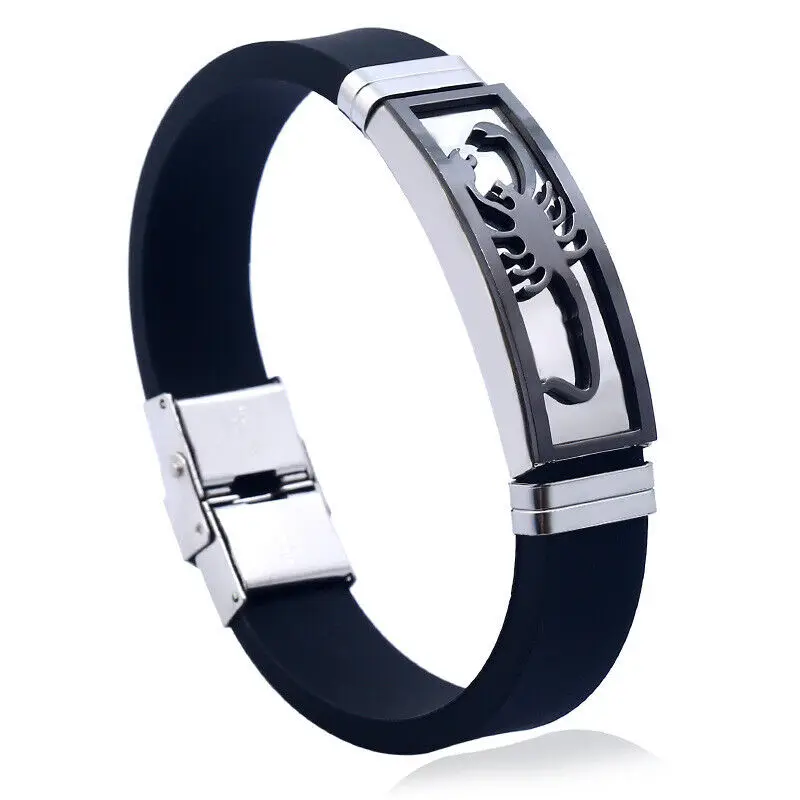 

8 inch Silicone Zodiac Scorpio Scorpion Bracelet Stainless Steel Wristband