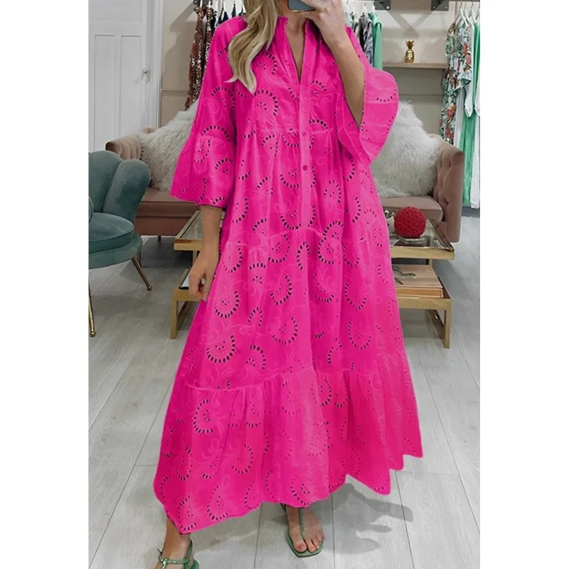 2025 Hollow Out Jacquard Lace Dress Women's Summer Elegant V-neck Flare Sleeve Solid Long Dress Casual Loose Boho Party Vestidos