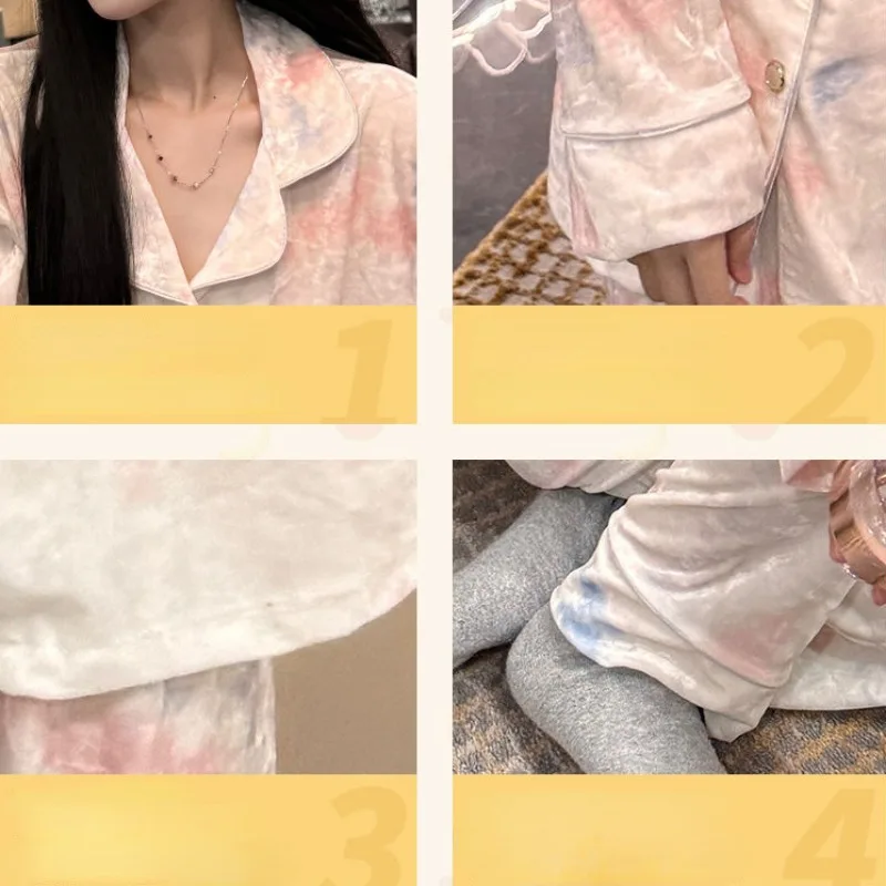 2024 New Golden Velvet Pajamas Women Spring Autumn Sleepwear Long-sleeved V-neck Loungewear Dormitory Homewear Two-piece Suit
