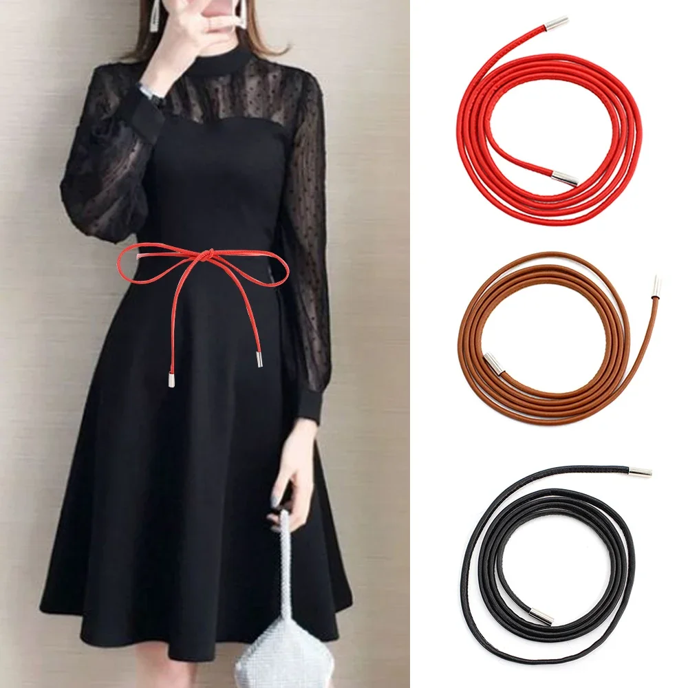 

Simple Women Knotted Waist Belt PU Leather Slim Belt Tie Long Waist Rope Solid Thin Waistband Chain Coat Dresses String Vintage