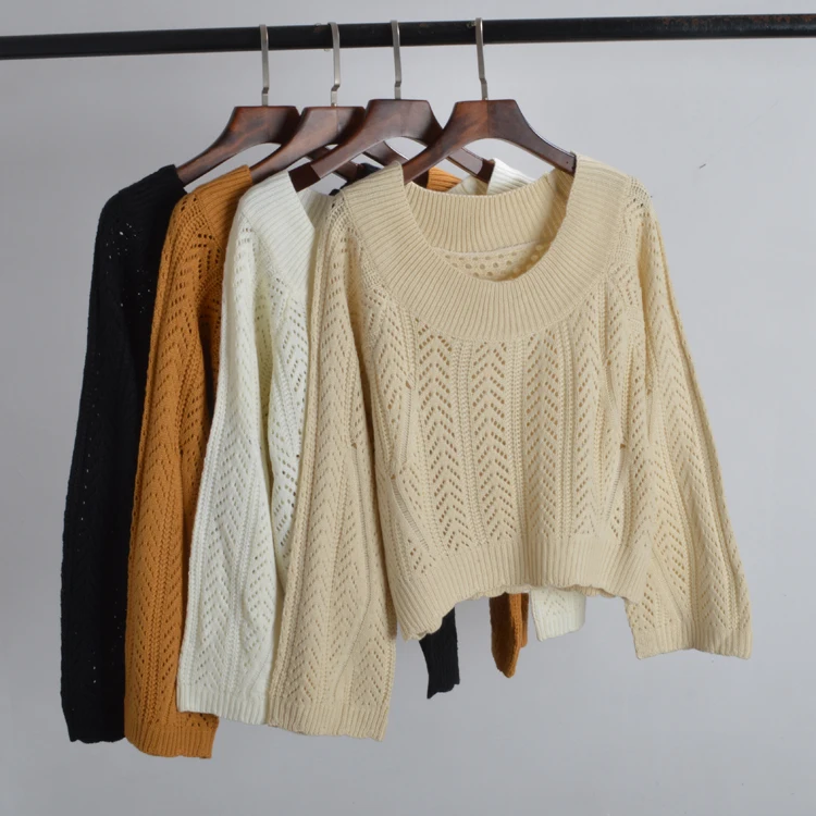 

Fall Winter New Sle Large round Ne Color Hollow out Lazy Sexy ort Long Sve Thi Yarn Women's Sweater