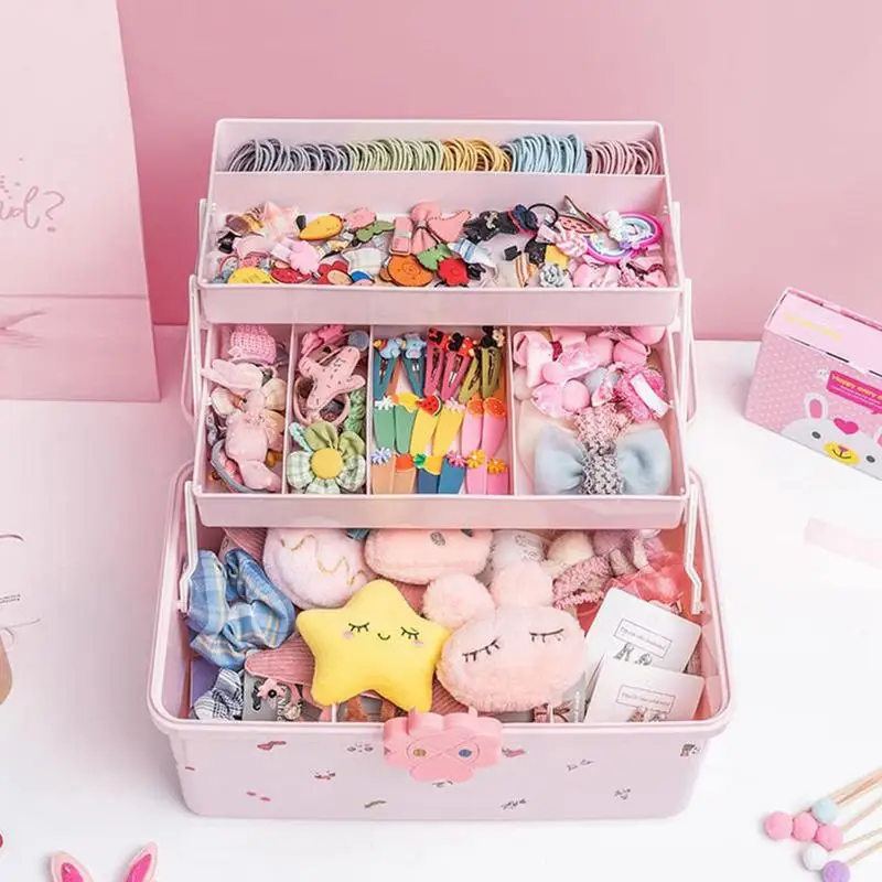 Cute Little Girl Jewelry Box 3-layer Children\'s Jewelry Storage Box Waterproof Headwear Case With 6 Stickers For Bedroom