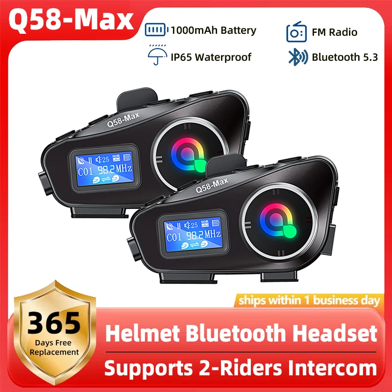 Q58 Max Motorcycle Helmet Bluetooth Intercom IP65 Waterproof Intercom Distance 500 Meters Multi-Scene Mixed Music Sharing