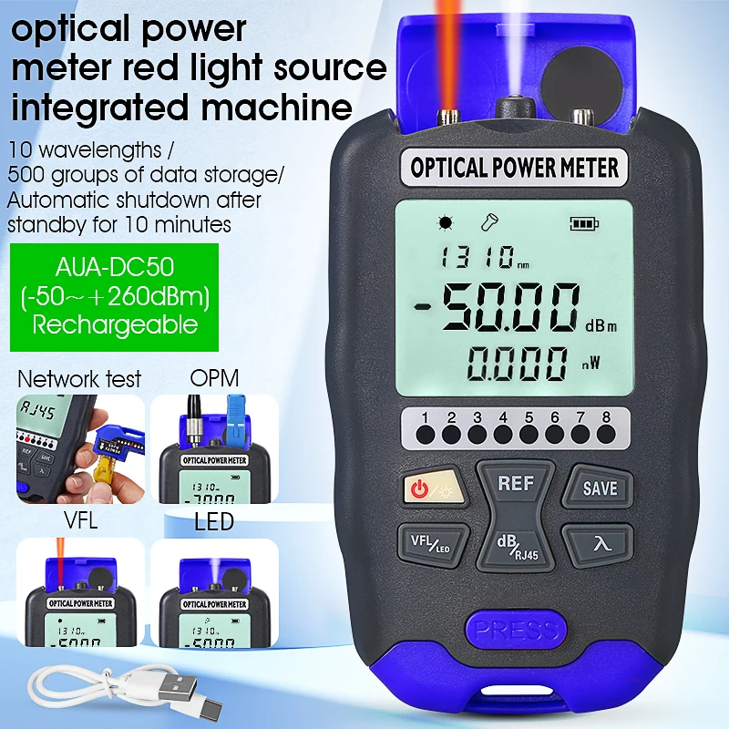 

AUA-DC50 Optical Power Meter -50~+26dBm 4 in 1 Multifunction Fiber Network Cable Tester Visual Fault Locator 1-50MW (optional)