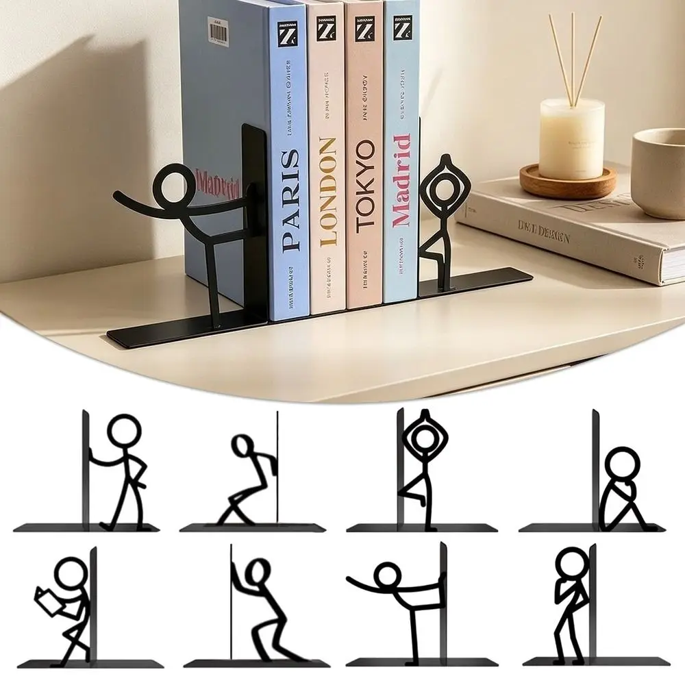 1Pair Multifunctional Iron Art Metal Bookends Stick Figure Human Shape Book Stopper Book Holder Home Office Desk