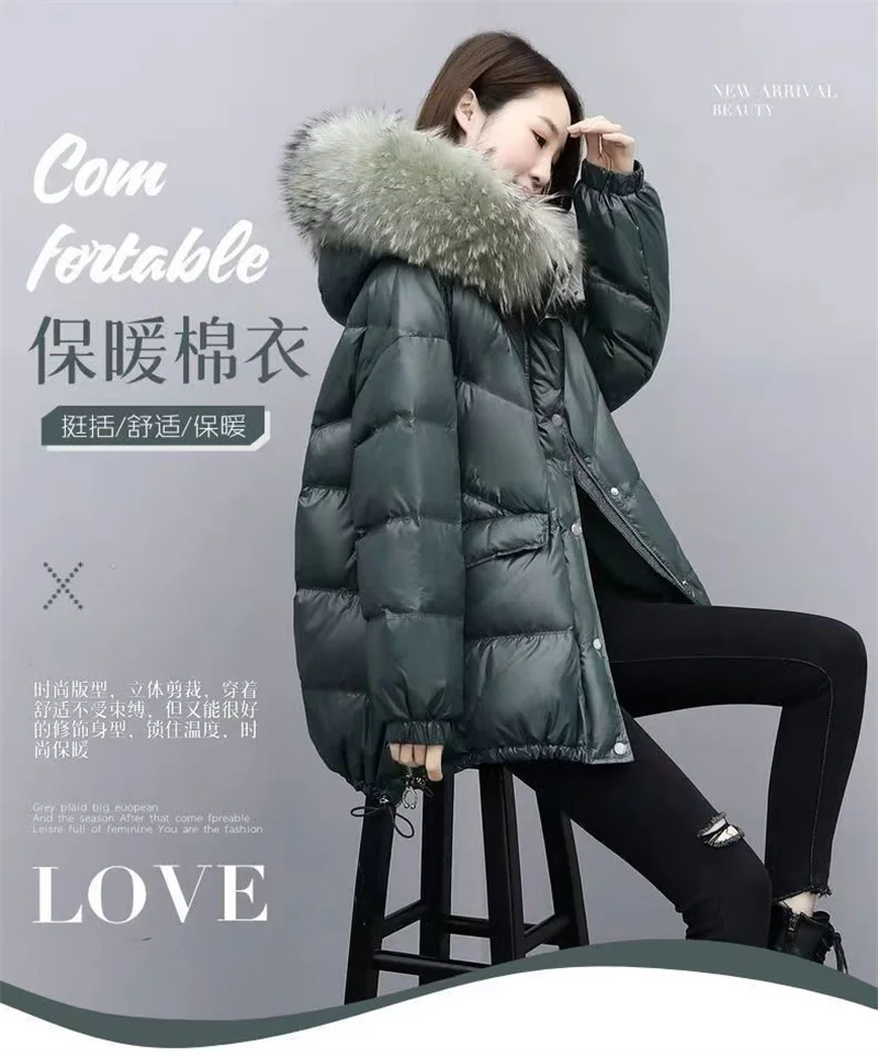 Down Cotton Jacket 2026 New Women's Mid Length Korean Version Loose Fitting Thick Jacket Large Woolen Collar Winter Hooded Outfi