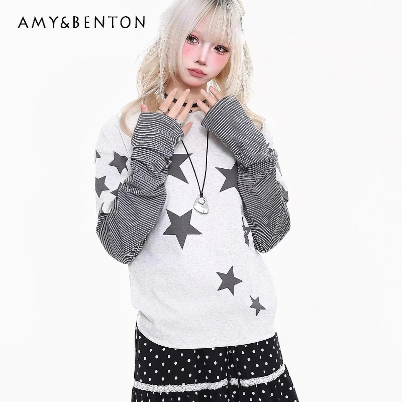 

Japanese Design Subculture Star Striped Splicing Fake 2-Piece Long Sleeve Women's T-Shirt 2026 Spring New Slim Loose Top Ladies