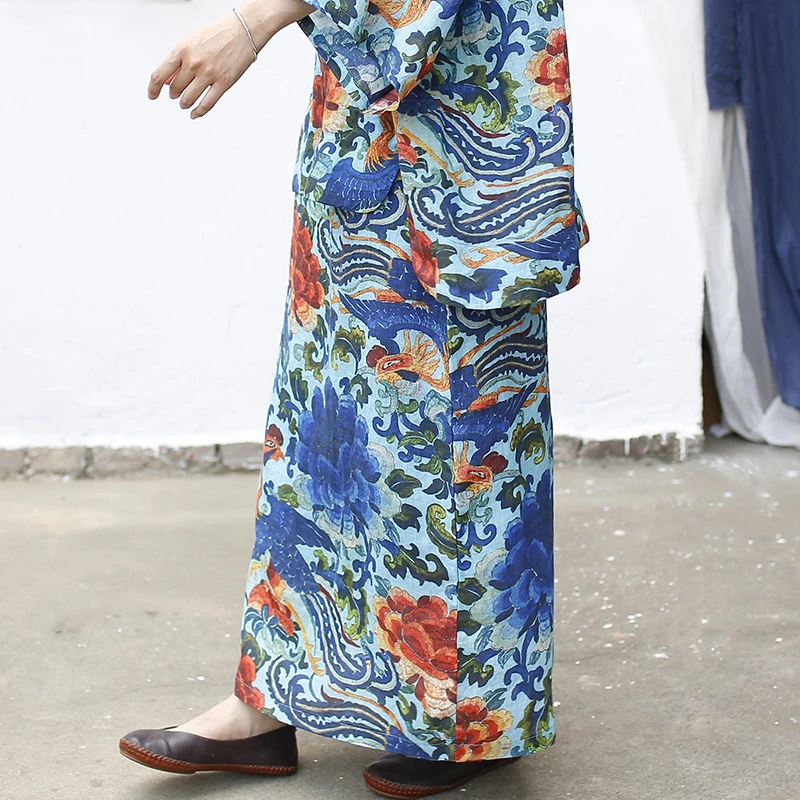 

Chinese Style Women Casual Linen Skirt New Arrival 2025 Summer Vintage Floral Print Loose Female Straight Long Skirts M1686
