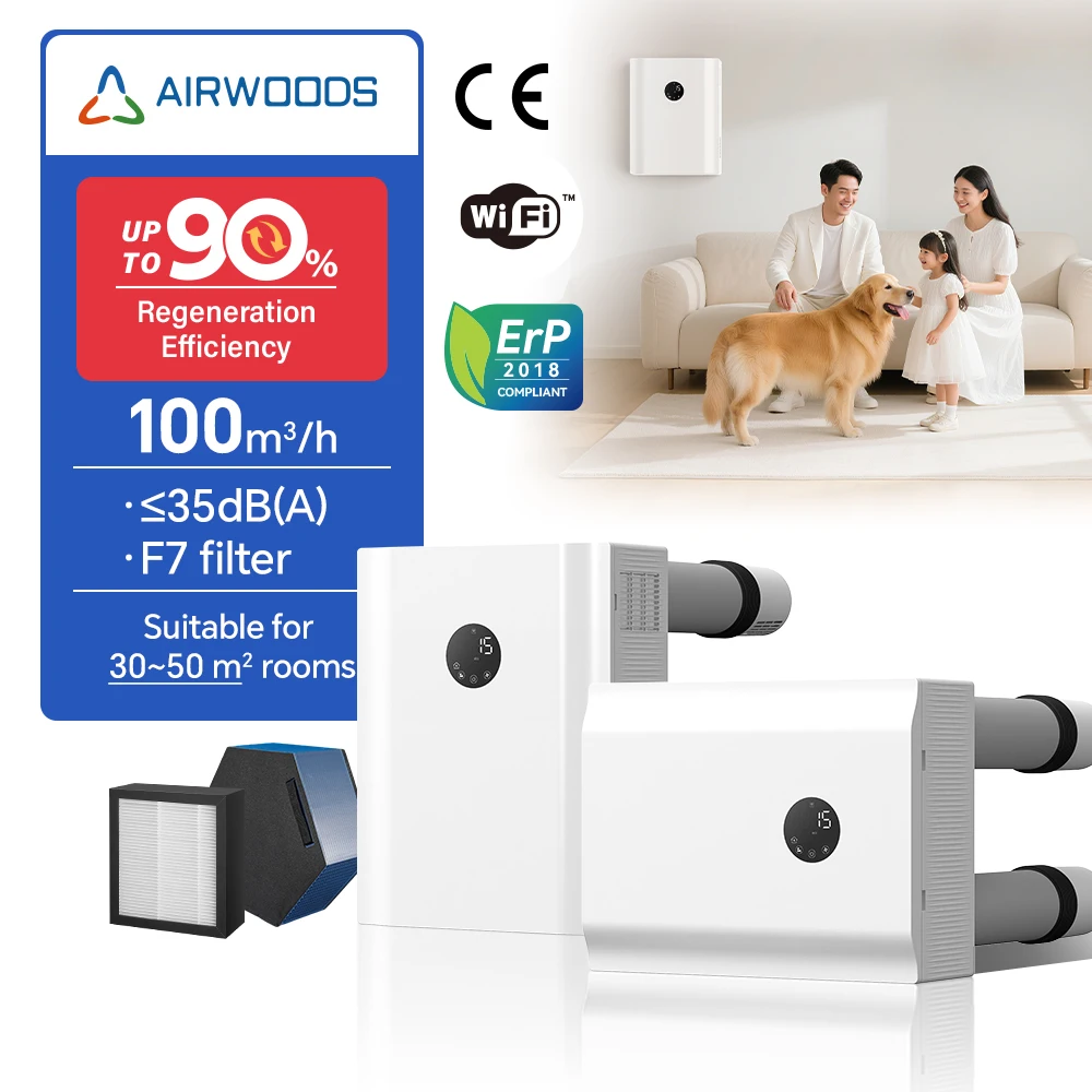New Product 5 Mode 100m3/H Air Recuperator Wall Mounted Erv Multiple Installation Options Home Energy Recovery Ventilation