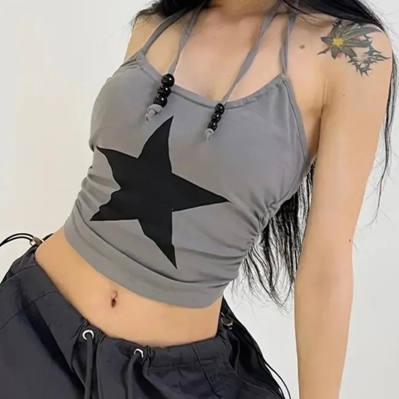 

Star print Cross straps Slim Women's Camisole Casual All-match Solid Bodycon Shirts Streetwear Leisure Y2K Fashion Aesthetic
