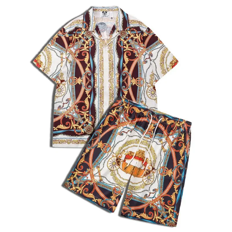 Mens Sets Fashion Luxury Golden Chain Floral Printed Summer Outfits Beach Hawaiian Suit Men's Short Sleeve Shirt 2 Piece Set