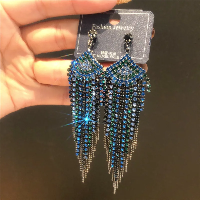 

S2992 Fashion Jewelry high sense exaggerated S925 Silver Post Dangle Earrings Rhinestone Waterfall Tassels Long Stud Earrings